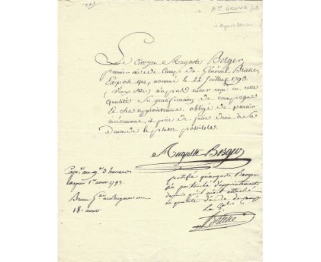 BRUNE GUILLAUME MARIE ANNE: (1763-1815) Marshal of France. A good A.N.S., `Le G.al Brune´, four lines in his hand, at the bas