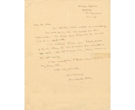 NEHRU JAWAHARLAL: (1889-1964) Indian Prime Minister 1947-64. An excellent A.L.S., Jawaharlal Nehru, one page, 4to, Lausanne, 