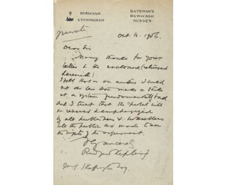 KIPLING RUDYARD: (1865-1936) English Author, Nobel Prize winner for Literature, 1907. A.L.S., Rudyard Kipling, one page, 8vo,
