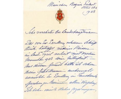 FERDINAND I: (1861-1948) Tsar of Bulgaria 1908-18. A.L.S., Ferdinand R, three pages, 8vo, Munich, 28th October 1923, to a Gov