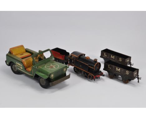 Vintage Toys including US Army Jeep (tinplate) and Tinplate Loco with some wagons. Fair. (2)