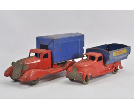 Duo of Large Scale tinplate Trucks. Gescha. Box Wagon and Sand Wagon. Both Fair to Fair Plus.
