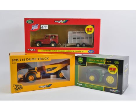 Britains Farm Group including Land Rover and Horsebox Set, JCB Dump Truck and John Deere 7930 Tractor. Mint in Excellent Boxe