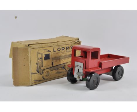 Rare Chad Valley Mechanical Lorry with Bevel Gear Transmission. Red. Good Plus to Very Good. Untested. Box is Fair. 