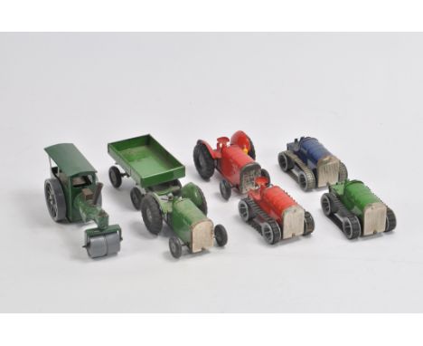 Group of Triang Minic Clockwork Crawler and Tractor models plus Steam Roller. Untested. Generally Fair plus to Good Plus. (7)