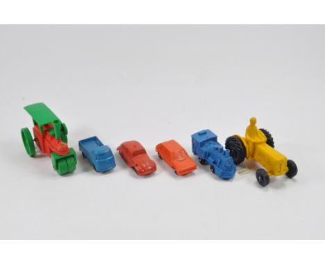 Selection of rubber based toys including Tomte and Galanite. Fordson Tractor plus other vehicles. Also Tudor Rose Steam Engin