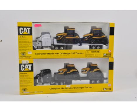 Duo of Norscot 1/64 Scale CAT Hauler Trucks with Challenger 75E and 45 Tracked Tractors. Mint in Very Good to Excellent Boxes