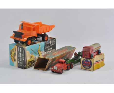 Tudor Rose Euclid Dump Truck, Scarce Wooden Chad Valley Regent Tanker and Crescent Toys No.1268 Space Rocket. Fair to Excelle