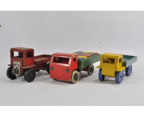 Interesting and Rare Trio of Wooden Chad Valley Trucks. One is Mechanical. Generally Fair to Good. (3)
