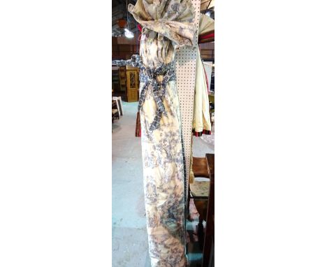 Curtains, comprising; a pair of lined blue and white curtains, 150cm wide x 250cm high, (2).  HANG