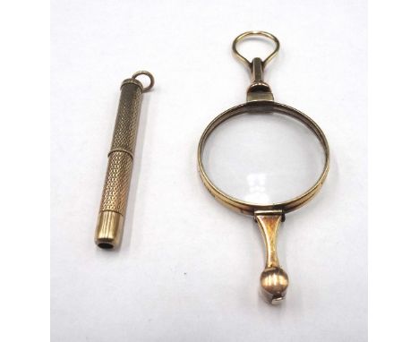 A 9ct gold cased propelling toothpick, with engine turned decoration and a pair of Victorian gold framed lorgnettes, fitted w