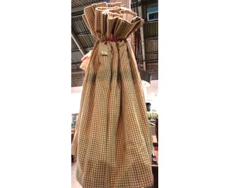 Curtains comprising; a pair of brown checked red lined and interlined curtains, 160cm wide x 112cm fall.  HANG