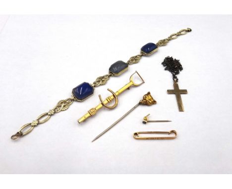 A blue stained chalcedony panel link bracelet, on a boltring clasp, a gold pendant cross, detailed 9C, with a neckchain, a st