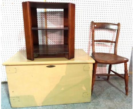 A 20th century brown painted lift top trunk, 80cm wide x 40cm high, an ash scullery chair and a 20th century three tier octag