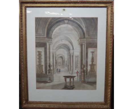 English School (19th century), Figures in an architectural interior, watercolour, 57cm x 48cm.  G1