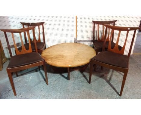 A 20th century G-Plan style circular coffee table on 'X' frame base, 90cm wide x 38cm high and a set of four G-plan teak stic