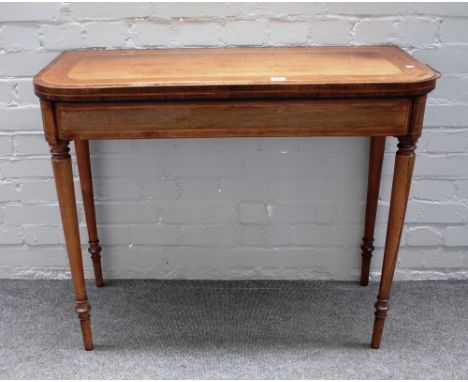 A late George III partridgewood inlaid rosewood card table, with rounded rectangular top on turned supports, 92cm wide x 74cm