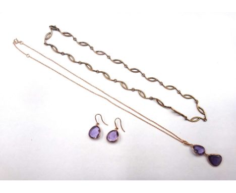 A pair of 18ct gold and amethyst single stone pendant earrings, an 18ct gold and amethyst two stone pendant, with an 18ct gol