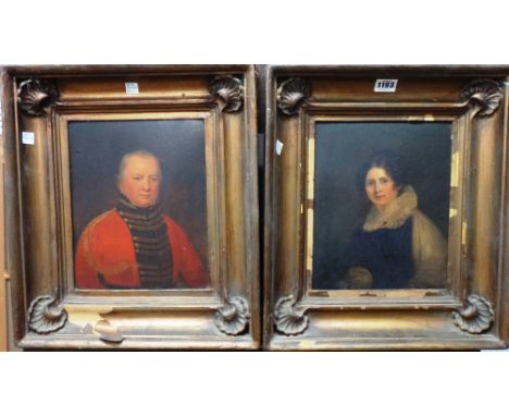 English School (19th century), Portrait of a lady; Portrait of a gentleman, in officer's uniform, a pair, oil on board, each 