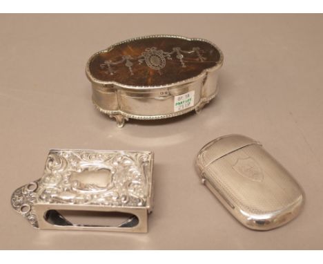 Silver and silver mounted wares, comprising; a Victorian rectangular matchbox slide, the top fitted with a mounting bracket, 