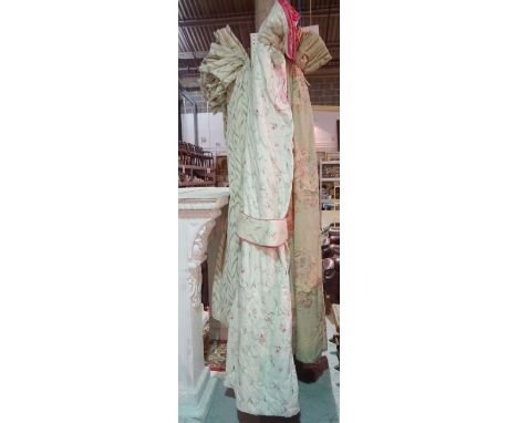 Curtains, comprising; one pair of cream ground and small pink flower curtains, lined and interlined, 160cm wide x 250cm drop,