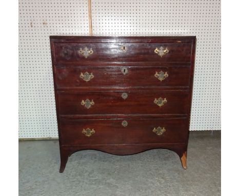 A 19th century mahogany chest with four long graduated drawers on splayed bracket feet, 91cm wide x 95cm high.  C10