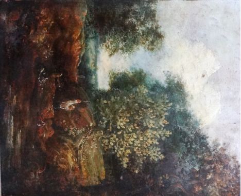 Follower of John Constable, Boy by a stream in a wooded landscape, oil on canvas, unframed, 50cm x 40cm.