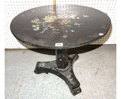 A Victorian inlaid papier mache circular tripod table on trefoil base, 59cm wide x 52cm high and a George III style mahogany 