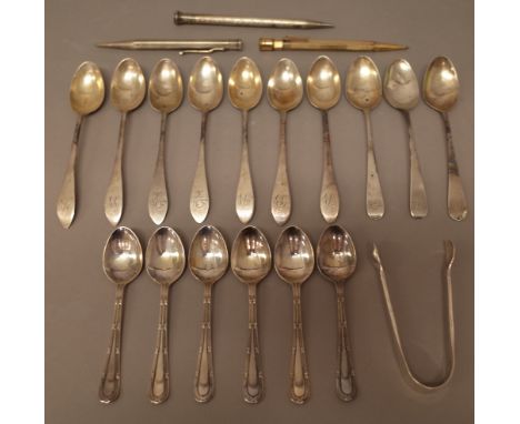 Silver, silver mounted wares and further items, comprising; a set of six coffee spoons, Birmingham 1930, five teaspoons, Lond