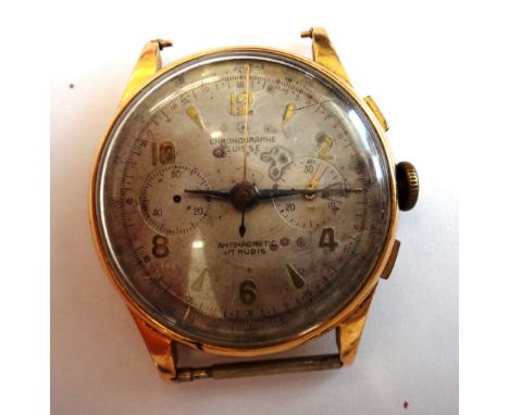 A gold, circular cased gentleman's chronograph wristwatch, with a jewelled Swiss movement, the silvered dial with gilt Arabic