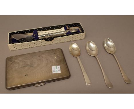 Silver and silver mounted wares, comprising; a rectangular cigarette case, the exterior with engine turned decoration, presen