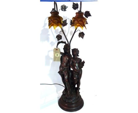 A 20th century resin table lamp formed as two cherubs with amber coloured glass shades, 80cm high.  A6