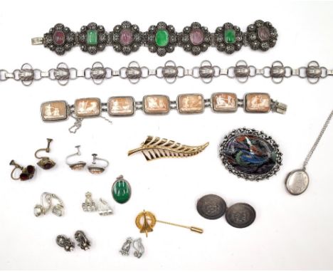 A group of silver and costume jewellery, comprising; a shell cameo rectangular panel link bracelet, on a snap clasp, an Asian