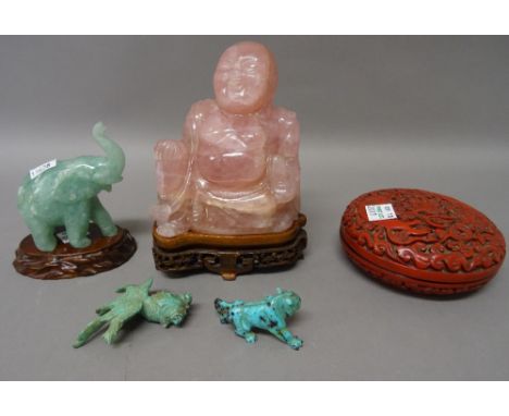 A group of Chinese works of art, 19th/20th century, comprising; a rose quartz figure of a seated Buddha, 11.5cm. high, wood s