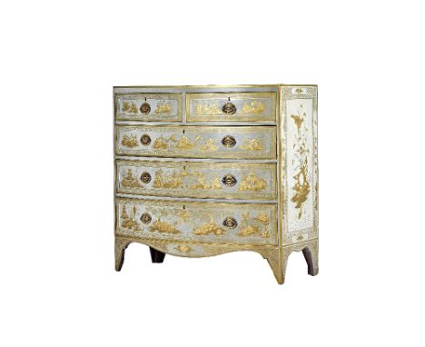A Regency and later japanned bowfront chest of two short and three long graduated drawers, on bracket feet, 107cm wide x 104c