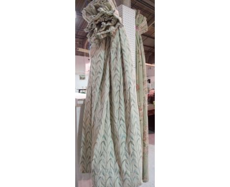 Curtains, comprising; a pair of John Lewis lined and interlined white curtains, with pale blue/green repeating leaf design, 1
