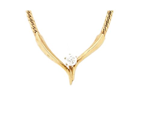 A gold and diamond single stone necklace, the front in a 'V' shaped design, claw set with a circular cut diamond, detailed 14