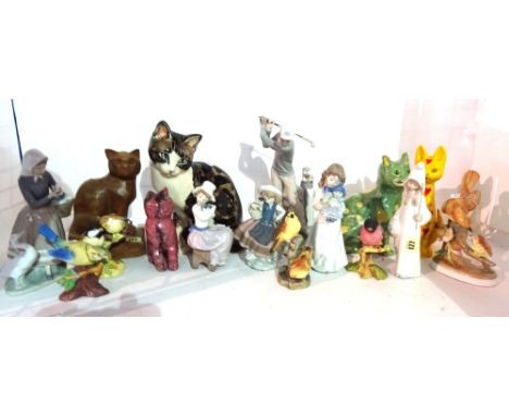 Ceramics, including; a group of four Lladro figures, two Nao figures and a group of five ceramic bird figures, (11).  S3M