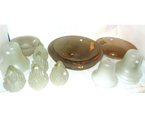 A quantity of mostly 20th century mainly frosted glass light shades and ceiling lights, (qty).  S3M
