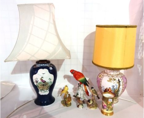 Ceramics, including; a French pink painted lamp, a Booth's blue glazed lamp, three Worcester birds and sundry, (qty).  S4B