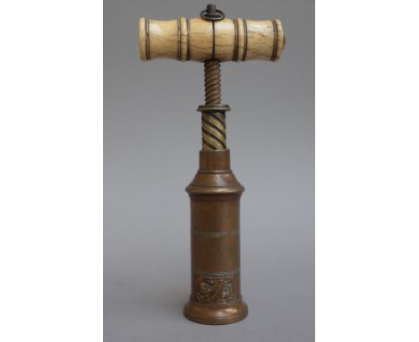 A Thomason type brass barrel corkscrew, early/mid-19th century, with turned handle and 'PATENT' plaque, 25cm long fully exten