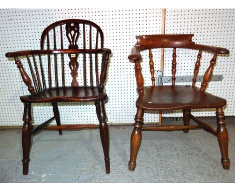 A 19th century ash and elm stick back open armchair and a captains chair, (2). BAY 2