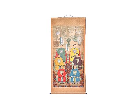 A Chinese scroll painting, ink and pigment on silk, painted with six ancestor portraits, 170cm by 86cm. Illustrated 