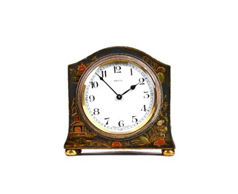 A French chinoiserie decorated 8 day mantel clock, gilt blue against an arch topped body, with enamel dial and Bayard movemen