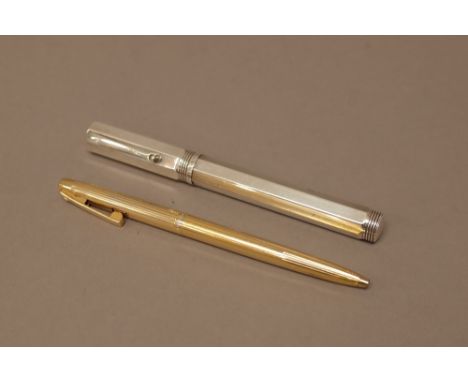 A Montegrappa silver octagonal cased fountain pen, detailed Italy 925 and a Sheaffer U.S.A gilt metal cased ballpoint pen, (2