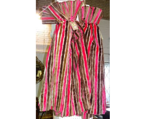 Curtains, two pairs of lined and interlined brown and pink stripped curtains, 69cm wide x 111cm drop and 92cm wide x 111cm dr