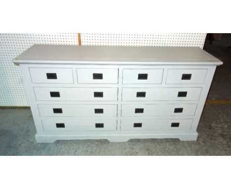 A 20th century grey painted side cabinet with two banks of two short and three long drawers, on bracket feet, 153cm wide x 78