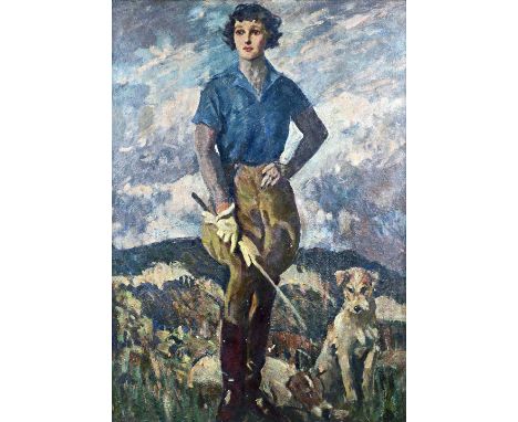 Frederick Whiting (1874-1960), Nancy: Portrait of a lady, in riding clothes with two terriers, oil on canvas, 147cm x 107cm. 