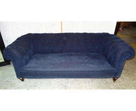 A 20th century mahogany framed Chesterfield sofa, with button back blue upholstery on tapering square supports, 210cm wide.  