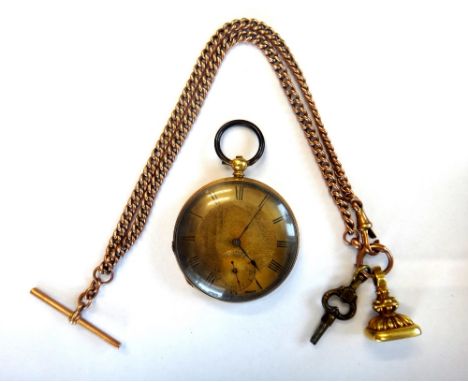 A gold cased, key wind, openfaced fob watch, with a cylinder movement, detailed Baume Geneve, gilt metal inner case, the engi